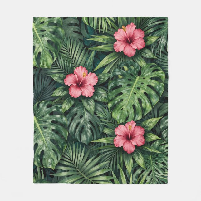 Tropical Hibiscus Monstera Jungle Pattern Fleece Blanket (Front)