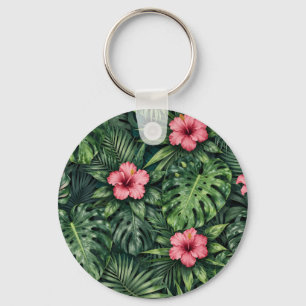 Tropical Hibiscus Monstera Jungle Pattern Key Ring