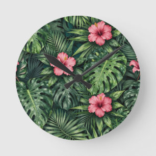 Tropical Hibiscus Monstera Jungle Pattern Round Clock