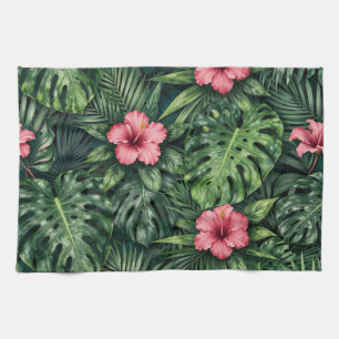 Tropical Hibiscus Monstera Jungle Pattern Tea Towel