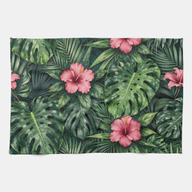 Tropical Hibiscus Monstera Jungle Pattern Tea Towel (Horizontal)