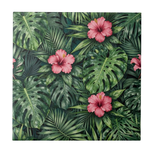 Tropical Hibiscus Monstera Jungle Pattern Tile (Front)
