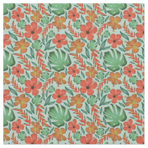 Tropical Hibiscus Monstera Leaf Mint Pattern  Fabric