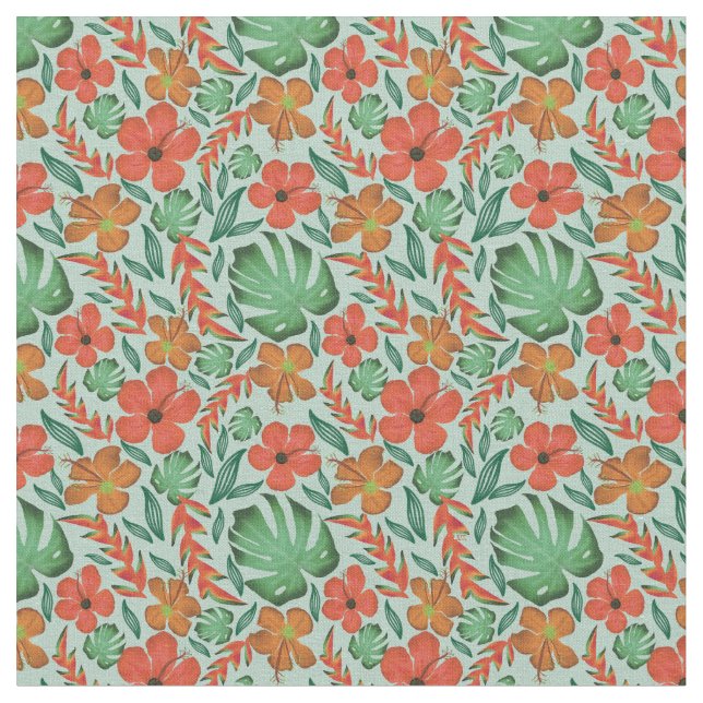 Tropical Hibiscus Monstera Leaf Mint Pattern  Fabric (Close Up)