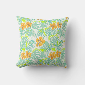 Tropical Hibiscus Monstera Leaf Pattern Home Decor Cushion