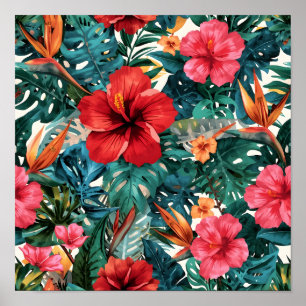 Tropical Hibiscus & Monstera Leaves Pattern Print
