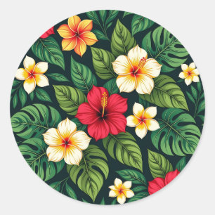 Tropical Hibiscus Monstera Pattern Classic Round Sticker