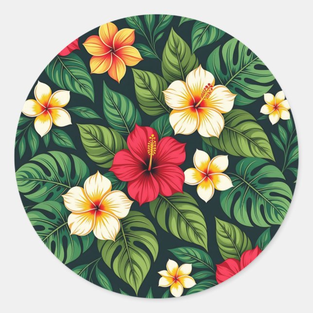 Tropical Hibiscus Monstera Pattern Classic Round Sticker (Front)