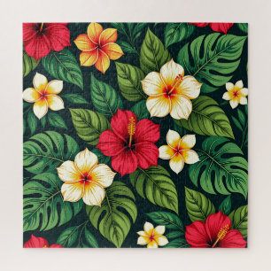 Tropical Hibiscus Monstera Pattern Jigsaw Puzzle