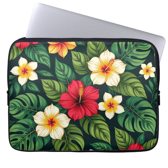 Tropical Hibiscus Monstera Pattern Laptop Sleeve (Front)