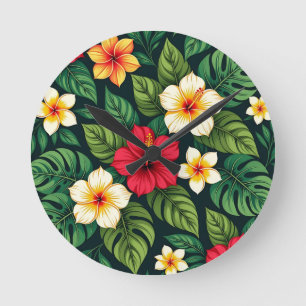 Tropical Hibiscus Monstera Pattern Round Clock