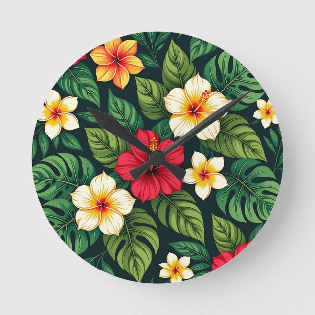 Tropical Hibiscus Monstera Pattern Round Clock (Front)