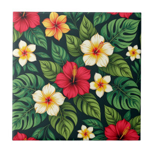 Tropical Hibiscus Monstera Pattern Tile