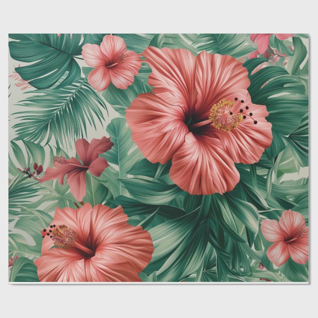 Tropical Hibiscus & Monstera Wrapping Paper (Flat)