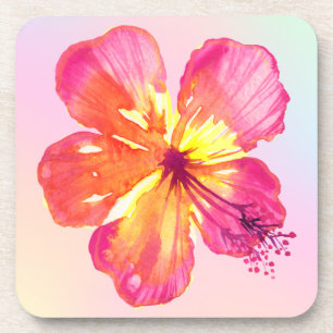 Tropical Hibiscus on Pink Yellow Aqua Ombre Floral Coaster