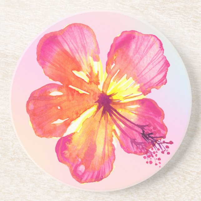 Tropical Hibiscus on Pink Yellow Aqua Ombre Floral Coaster (Front)