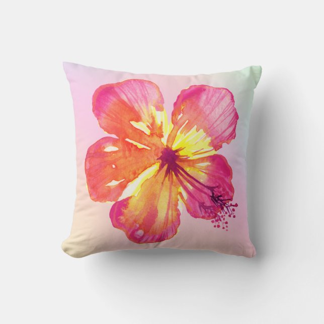 Tropical Hibiscus on Pink Yellow Aqua Ombre Floral Cushion (Front)