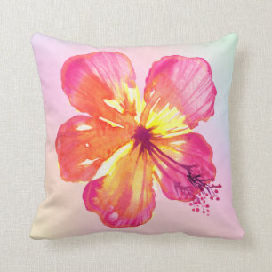 Tropical Hibiscus on Pink Yellow Aqua Ombre Floral Cushion