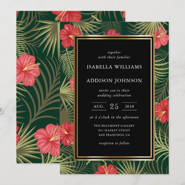 Tropical Hibiscus & Palm Fronds Wedding Invitation (Front/Back)