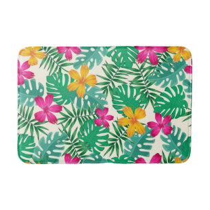 Tropical hibiscus & palm leaves. Coastal Summer. Bath Mat