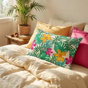 Tropical hibiscus & palm leaves. Coastal Summer. Decorative Cushion