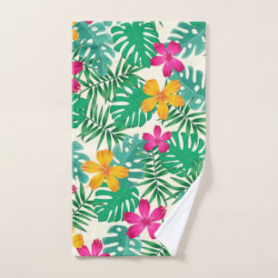 Tropical hibiscus & palm leaves. Coastal Summer. Hand Towel