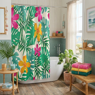 Tropical hibiscus & palm leaves. Coastal Summer. Shower Curtain