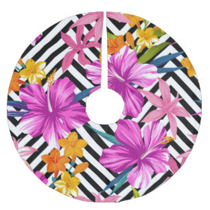 Tropical hibiscus, palm leaves, geometric. brushed polyester tree skirt