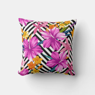 Tropical hibiscus, palm leaves, geometric. cushion