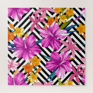 Tropical hibiscus, palm leaves, geometric. jigsaw puzzle