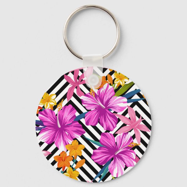 Tropical hibiscus, palm leaves, geometric. key ring (Front)