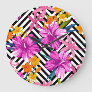 Tropical hibiscus, palm leaves, geometric. large clock