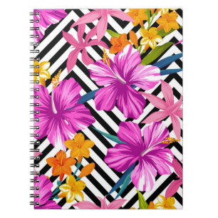 Tropical hibiscus, palm leaves, geometric. notebook