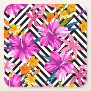 Tropical hibiscus, palm leaves, geometric. square paper coaster