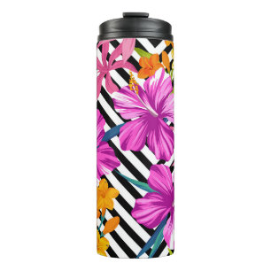 Tropical hibiscus, palm leaves, geometric. thermal tumbler