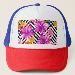 Tropical hibiscus, palm leaves, geometric. trucker hat