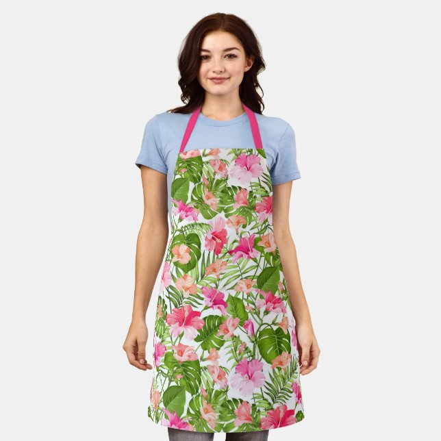 Tropical hibiscus palm monstera pattern apron (Worn)