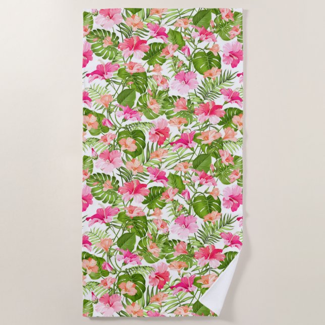Tropical hibiscus palm monstera pattern beach towel (Front)