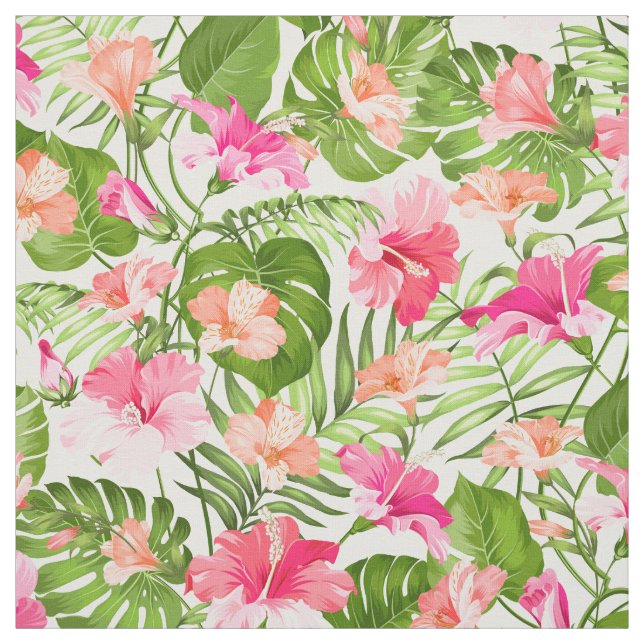 Tropical hibiscus palm monstera pattern fabric (Swatch)