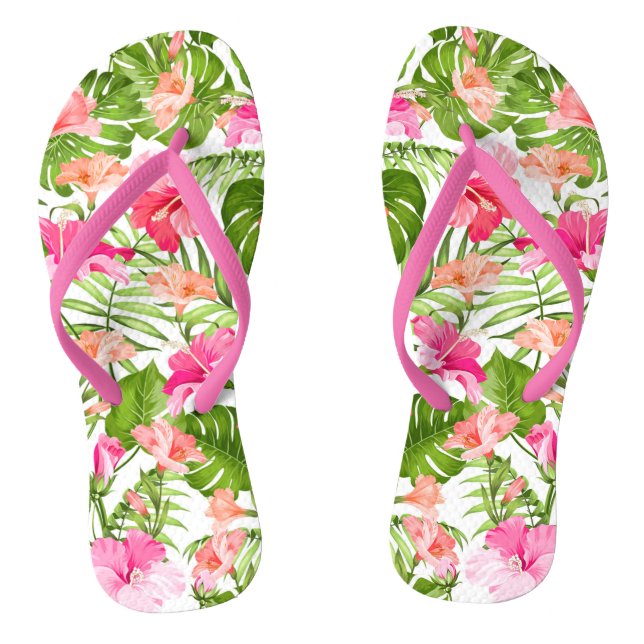 Tropical hibiscus palm monstera pattern flip flops (Footbed)