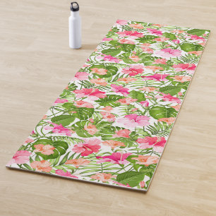 Tropical hibiscus palm monstera pattern yoga mat