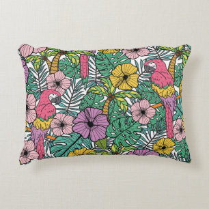 Tropical hibiscus, palm, parrots pattern. decorative cushion