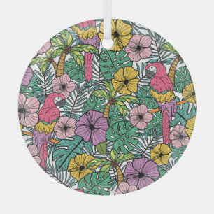 Tropical hibiscus, palm, parrots pattern. glass tree decoration