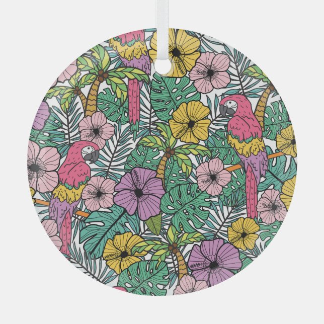 Tropical hibiscus, palm, parrots pattern. glass tree decoration (Front)