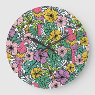Tropical hibiscus, palm, parrots pattern. large clock
