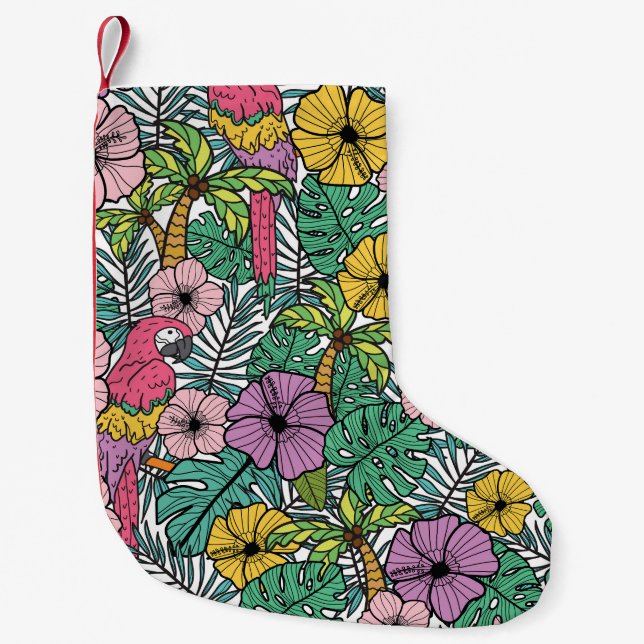 Tropical hibiscus, palm, parrots pattern. small christmas stocking (Front)