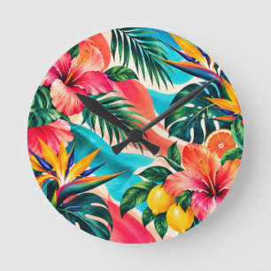Tropical Hibiscus Paradise Botanical Art Round Clock