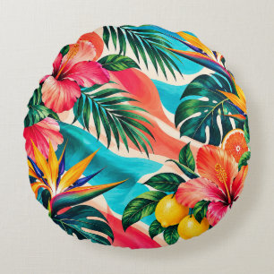 Tropical Hibiscus Paradise Botanical Art Round Cushion
