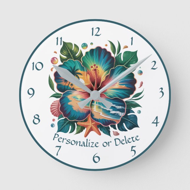 Tropical Hibiscus Paradise – Ocean Bloom Design Round Clock (Front)
