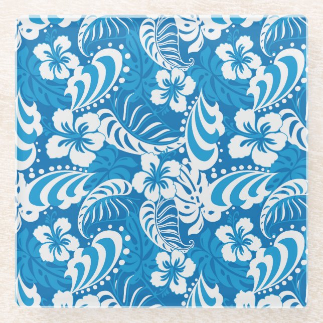 Tropical Hibiscus Pattern Glass Coaster (Front)